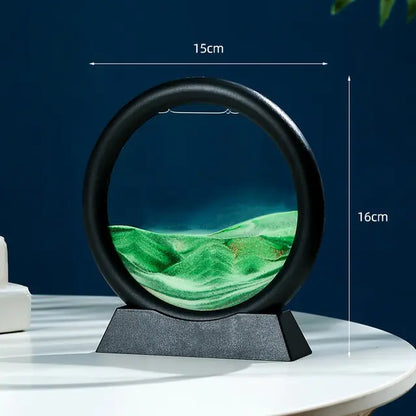 Moving sand art decor featuring green sand patterns in a round frame, perfect for desktop relaxation.