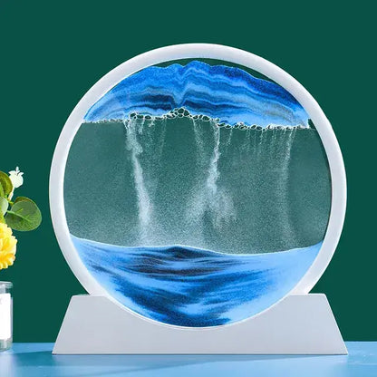 3D moving sand art decor featuring intricate patterns of flowing sand in blue and green hues.