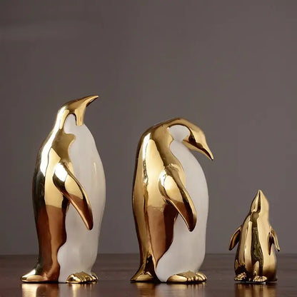 Penguin home decor on living room shelf