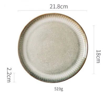 Japanese ceramic plates showcasing elegant design and dimensions for handcrafted tableware set.
